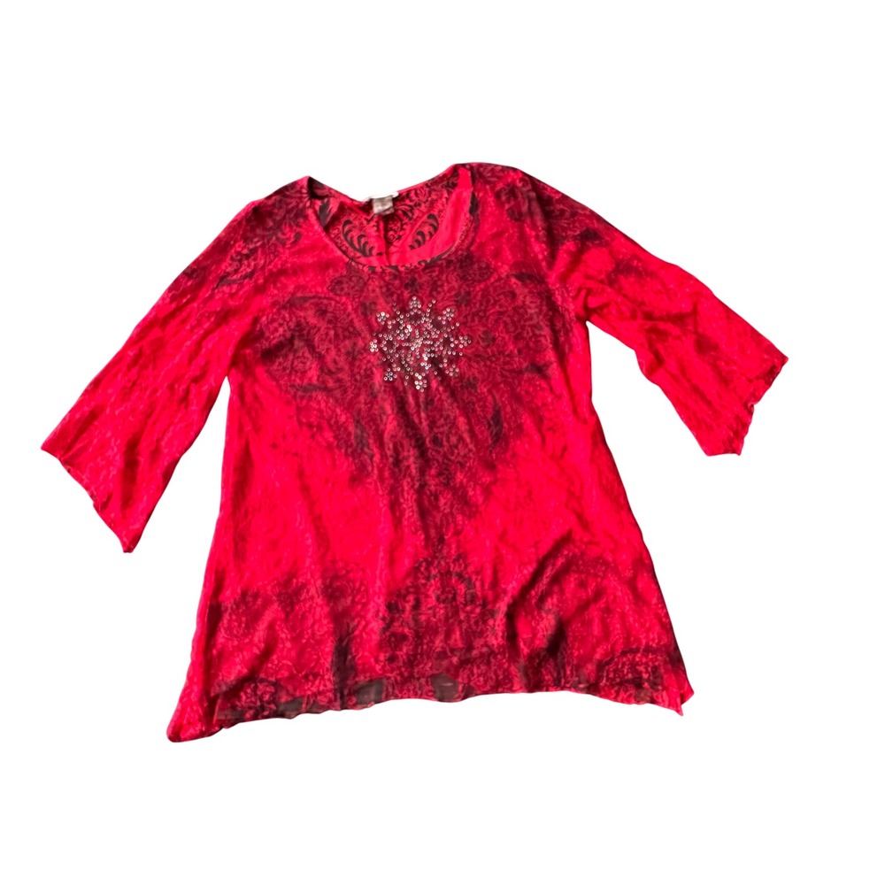 Brittany Black Red Lace Tunic Top Rhinestone 3/4 Bell Sleeve‎ Scroll Print Large